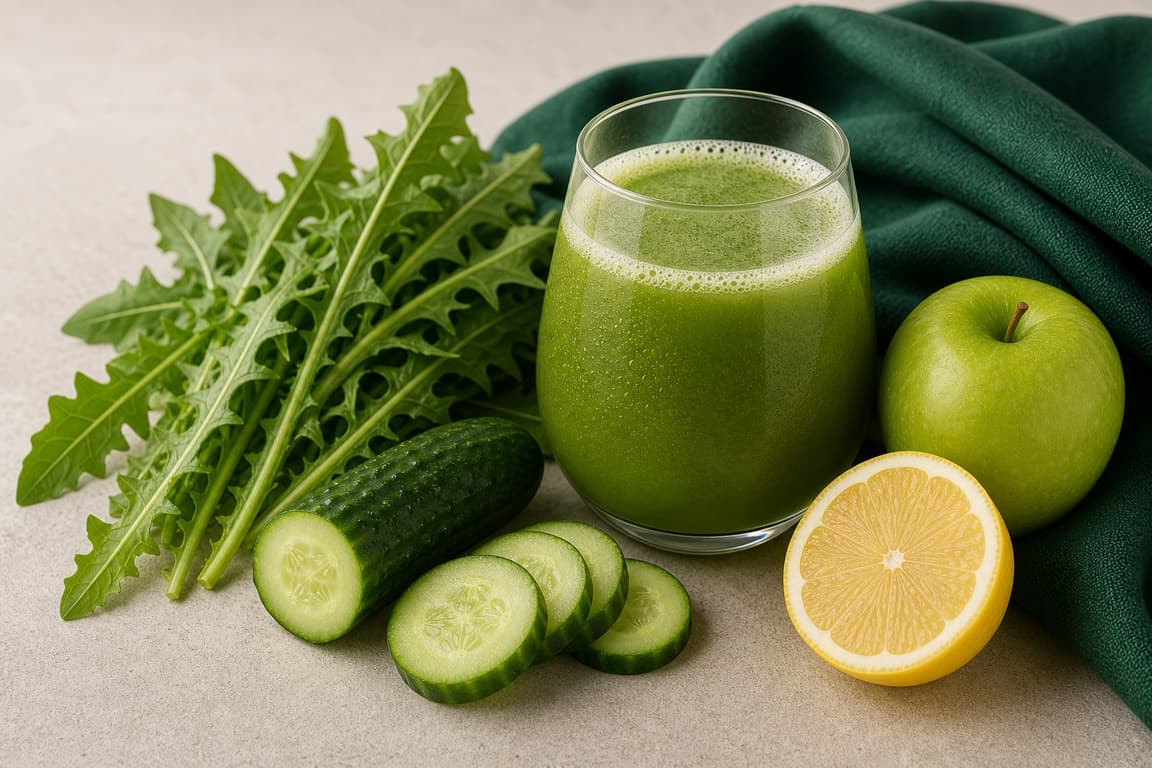 Dandelion Apple Cucumber Lemon in a clear glass with fresh dandelion greens, cucumber, green apple, and lemon, and emerald linen.