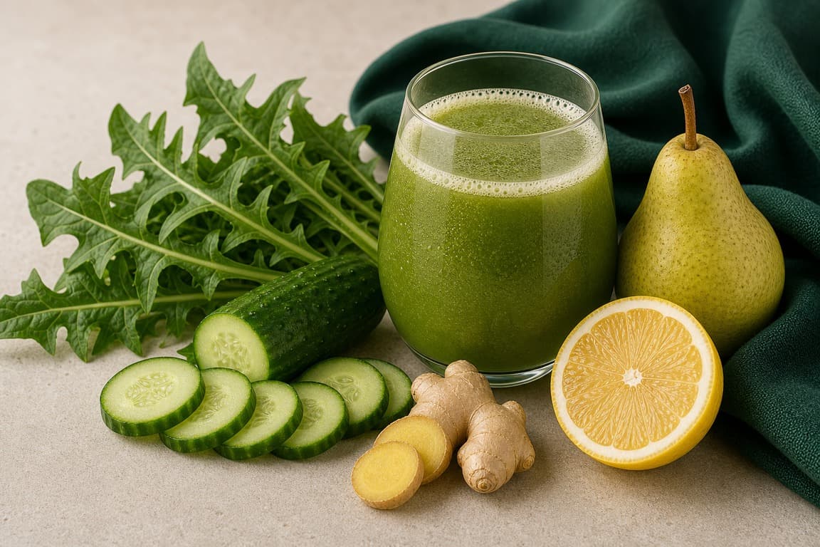 Dandelion Pear Ginger Green in a clear glass with fresh pear, dandelion greens, cucumber, lemon, and ginger, and emerald linen.