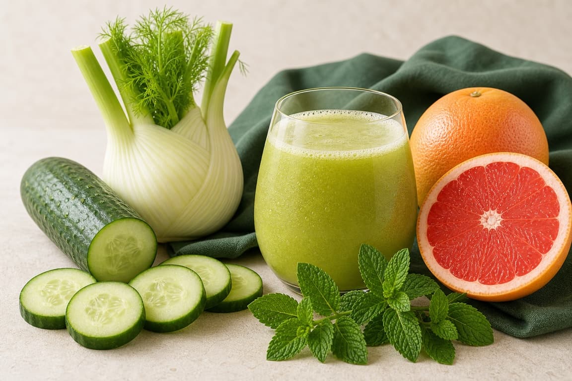 Fennel Cucumber Grapefruit in a clear glass with fresh fennel, cucumber, grapefruit, mint, and deep sage linen.
