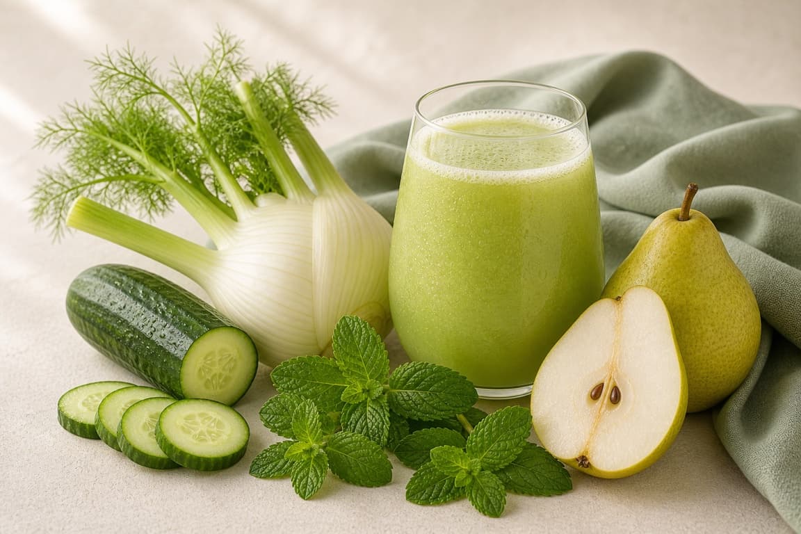 Fennel Pear Mint in a clear glass with fresh fennel, pear, cucumber, mint, and soft sage linen.