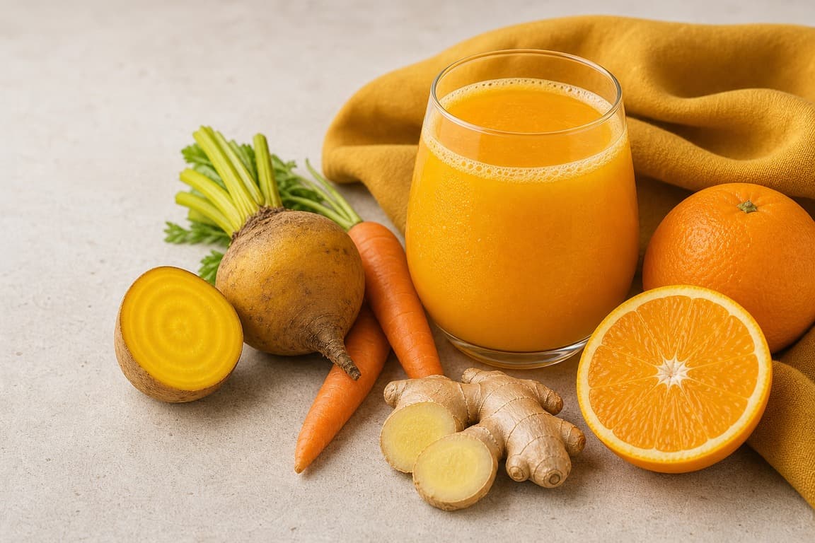 Golden Beet Orange Ginger in a clear glass with fresh golden beet, carrot, orange, ginger, and saffron ochre linen.