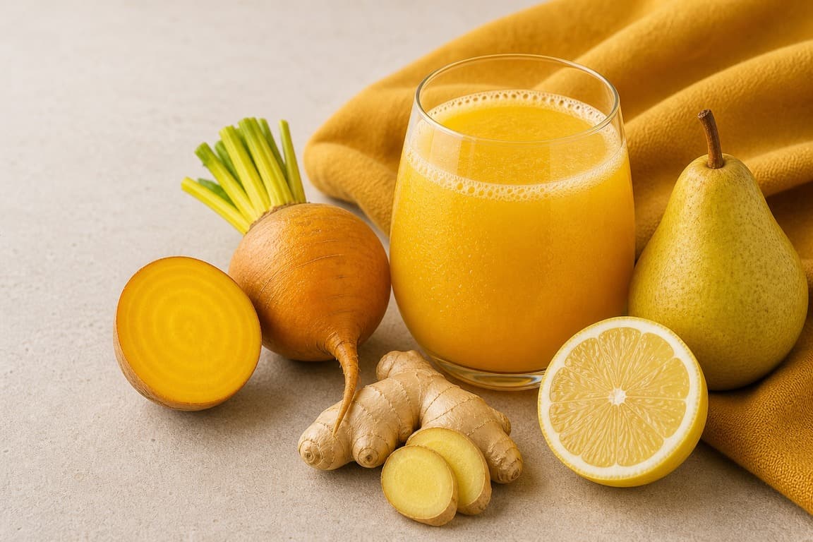 Golden Beet Pear Lemon in a clear glass with fresh golden beet, pear, lemon, and ginger, and saffron ochre linen.