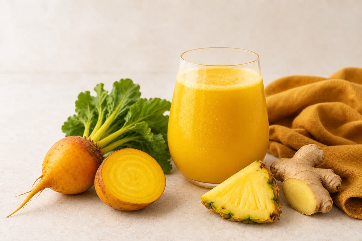 Golden Beet Pineapple Ginger in a clear rounded stemless tumbler on a cream surface with fresh golden beet, pineapple, and ginger.