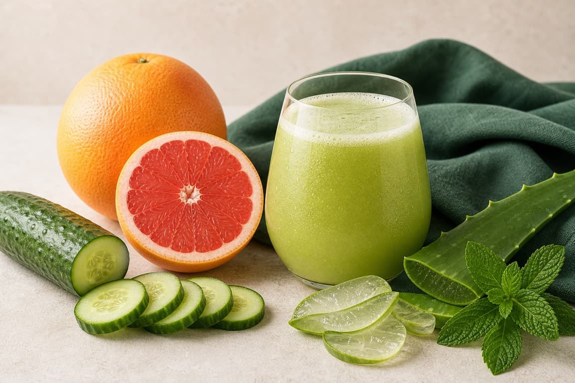 Grapefruit Cucumber Aloe in a clear glass with fresh grapefruit, cucumber, aloe vera, mint, and deep sage linen.