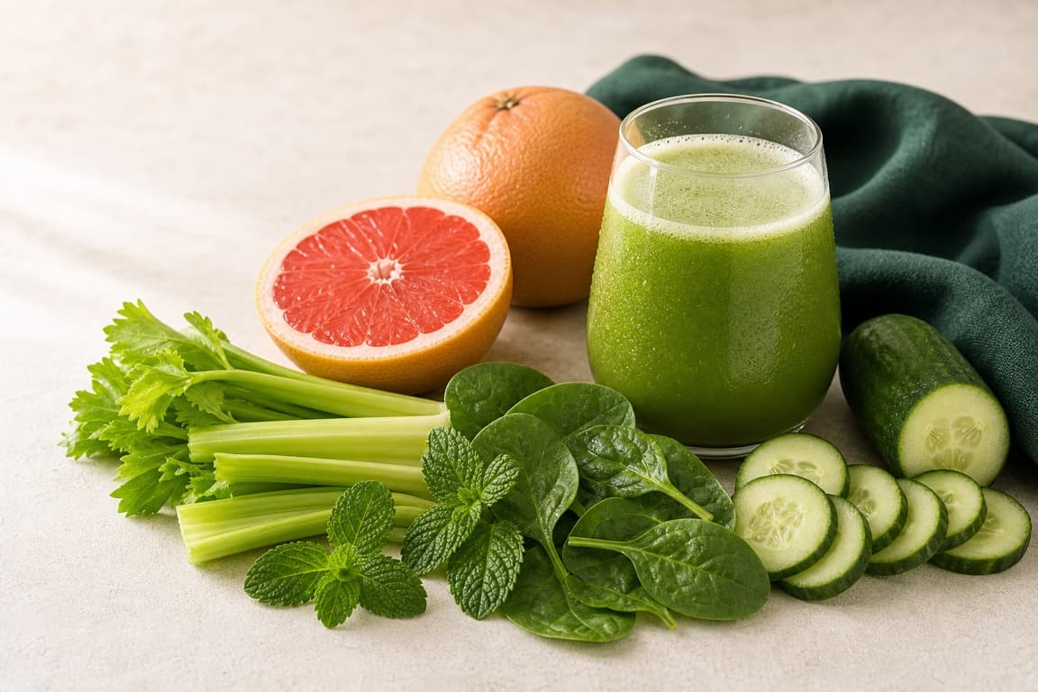 Grapefruit Green Mint in a clear glass with fresh grapefruit, spinach, cucumber, celery, mint, and emerald linen.