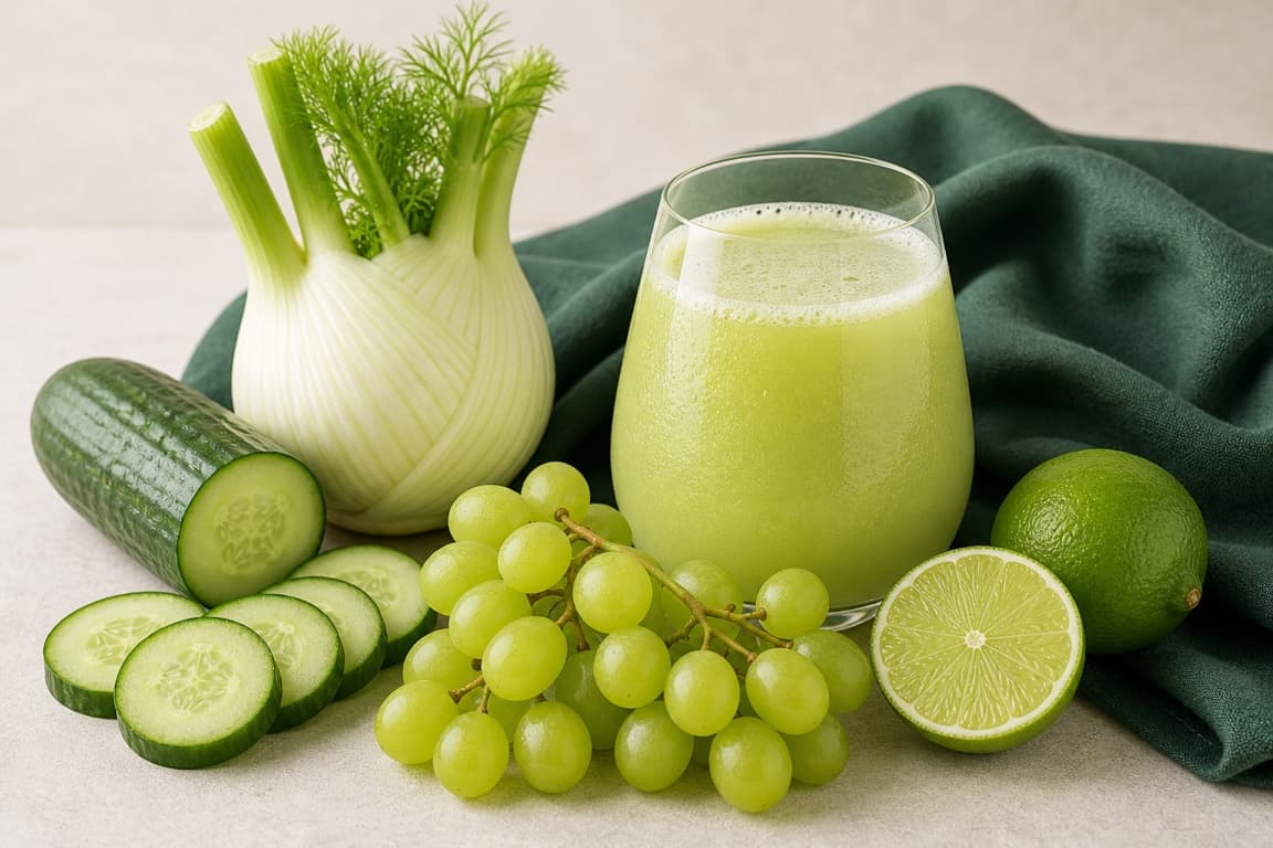 Green Grape Cucumber Fennel in a clear glass with fresh green grape, cucumber, fennel, lime, and deep sage linen.