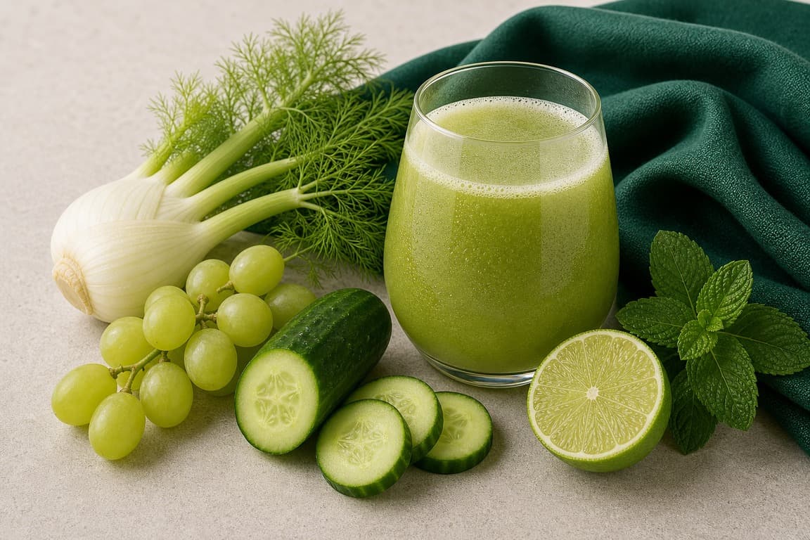 Green Grape Fennel Lime in a clear glass with fresh green grape, cucumber, fennel, lime, and mint, and emerald linen.