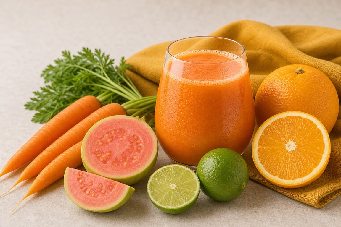 Guava Carrot Orange in a clear glass with fresh guava, carrot, orange, lime, and saffron ochre linen.