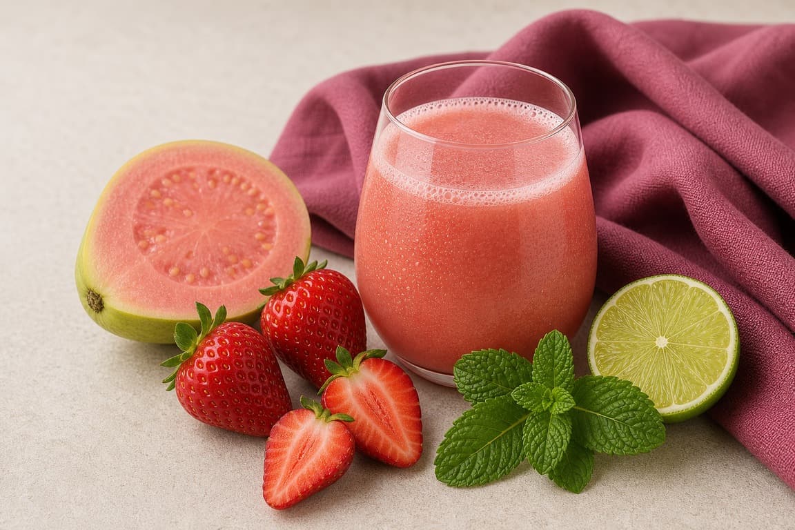 Guava Strawberry Lime in a clear glass with fresh guava, strawberry, lime, and mint, and muted raspberry linen.
