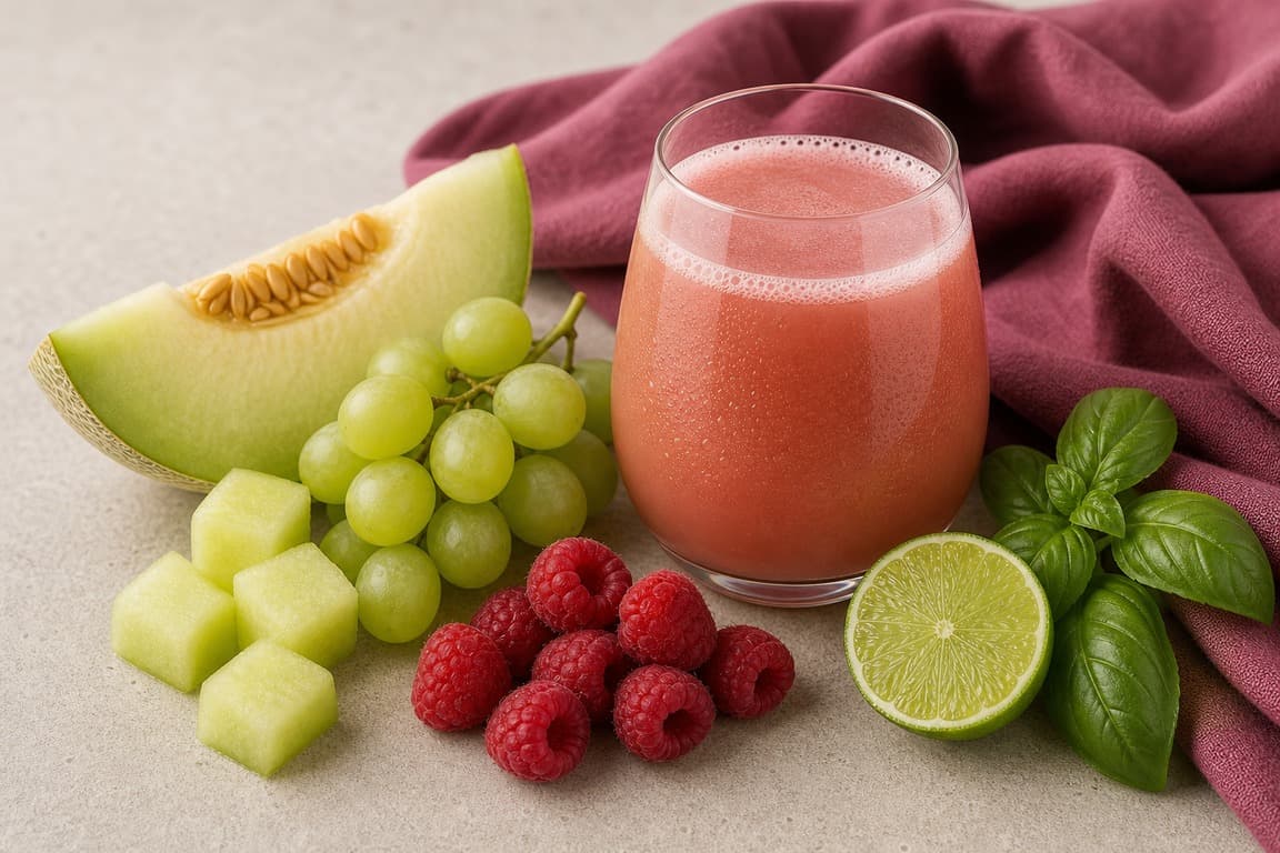 Honeydew Green Grape Raspberry in a clear glass with fresh honeydew, green grape, raspberry, lime, and basil, and muted raspberry linen.