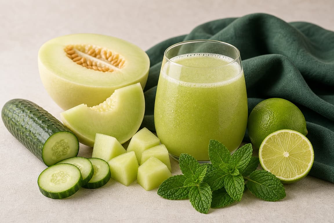 Honeydew Lime Mint in a clear glass with fresh honeydew, cucumber, lime, mint, and emerald linen.