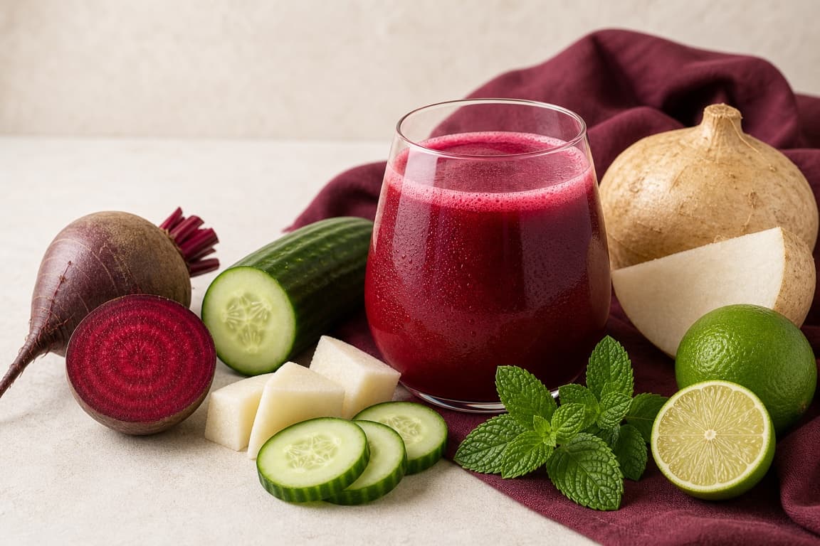 Jicama Beet Lime Mint in a clear glass with fresh jicama, beet, cucumber, lime, mint, and deep plum linen.
