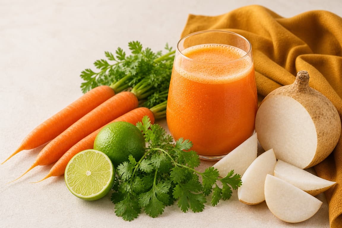 Jicama Carrot Lime in a clear glass with fresh jicama, carrot, lime, cilantro, and saffron ochre linen.