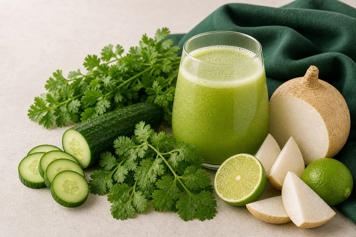 Jicama Cucumber Cilantro Lime in a clear glass with fresh jicama, cucumber, cilantro, lime, and emerald linen.