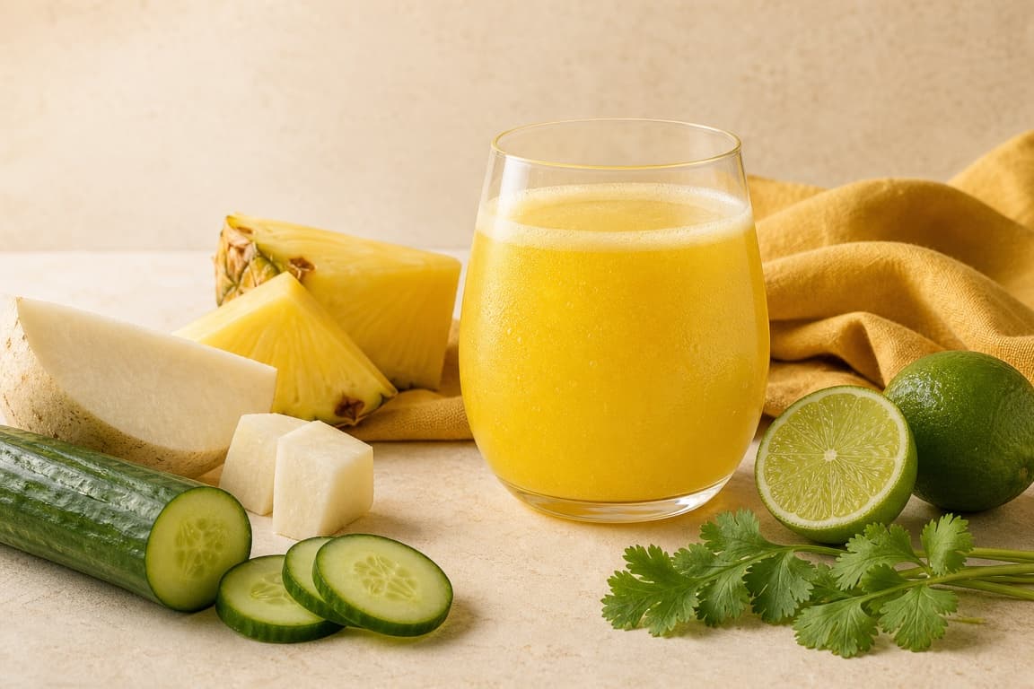 Jicama Pineapple Lime in a clear glass with fresh jicama, pineapple, cucumber, lime, cilantro, and saffron ochre linen.