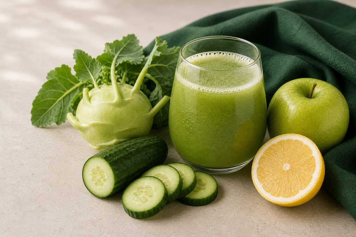 Kohlrabi Apple Lemon in a clear glass with fresh kohlrabi, cucumber, green apple, lemon, and emerald linen.