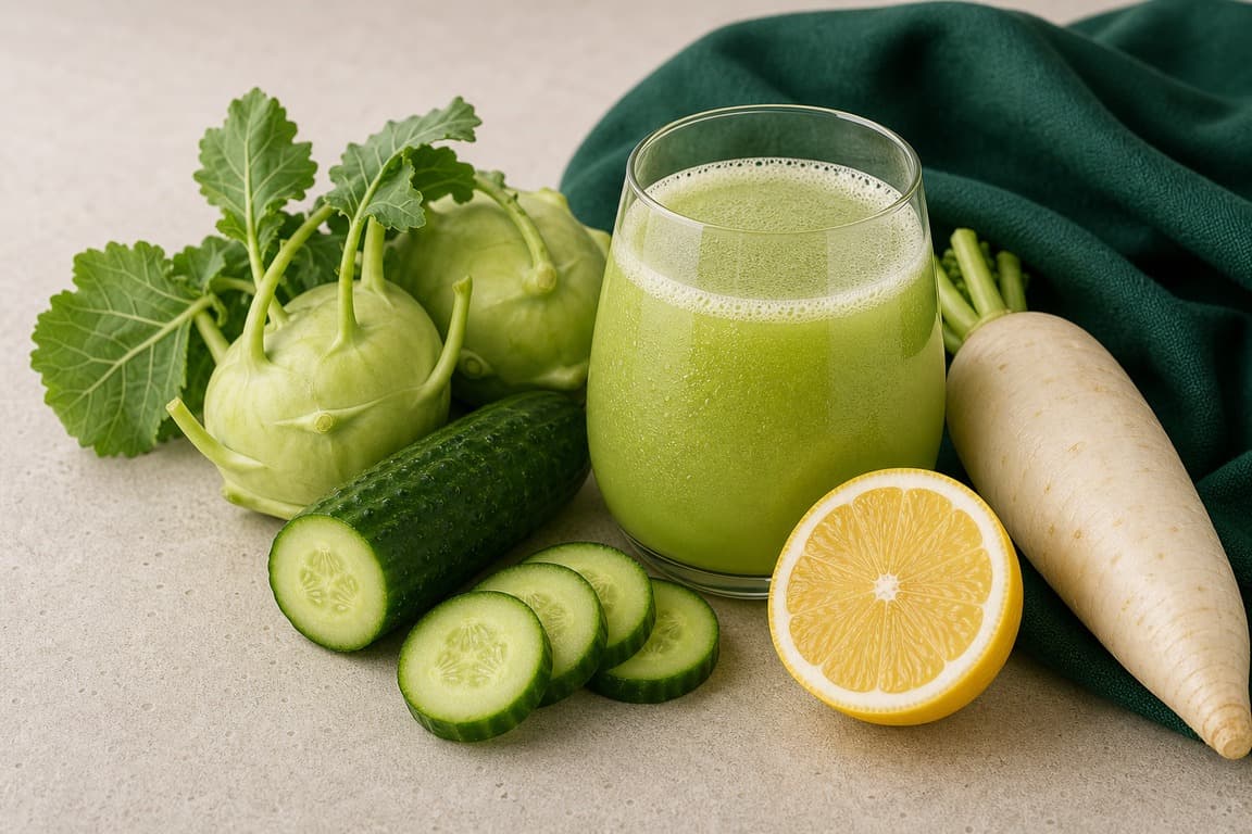 Kohlrabi Daikon Lemon in a clear glass with fresh kohlrabi, daikon, cucumber, and lemon, and emerald linen.