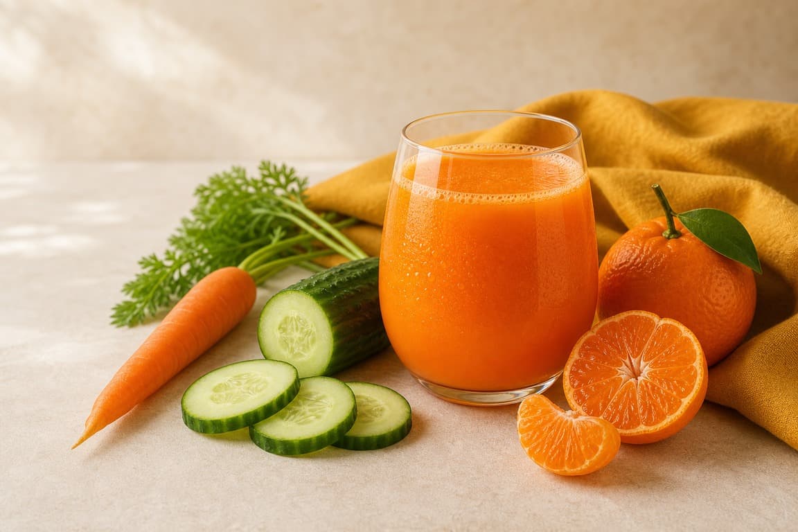 Mandarin Carrot Soft Press in a clear glass with fresh carrot, mandarin, cucumber, and saffron ochre linen.