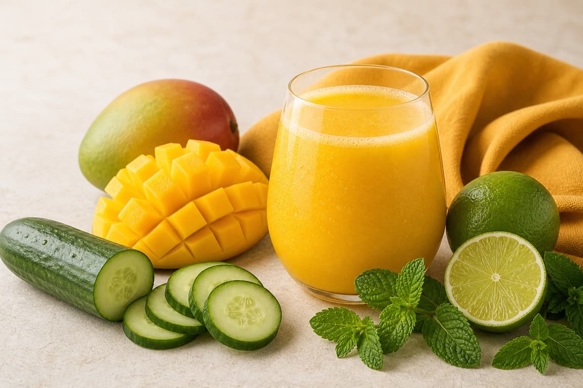 Mango Cucumber Lime in a clear glass with fresh mango, cucumber, lime, mint, and saffron ochre linen.