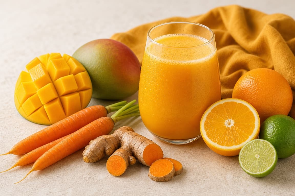 Mango Turmeric Citrus in a clear glass with fresh mango, carrot, orange, lime, turmeric, and saffron ochre linen.