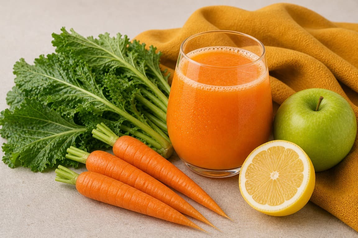 Mustard Green Carrot Apple in a clear glass with fresh mustard greens, carrot, green apple, and lemon, and saffron ochre linen.