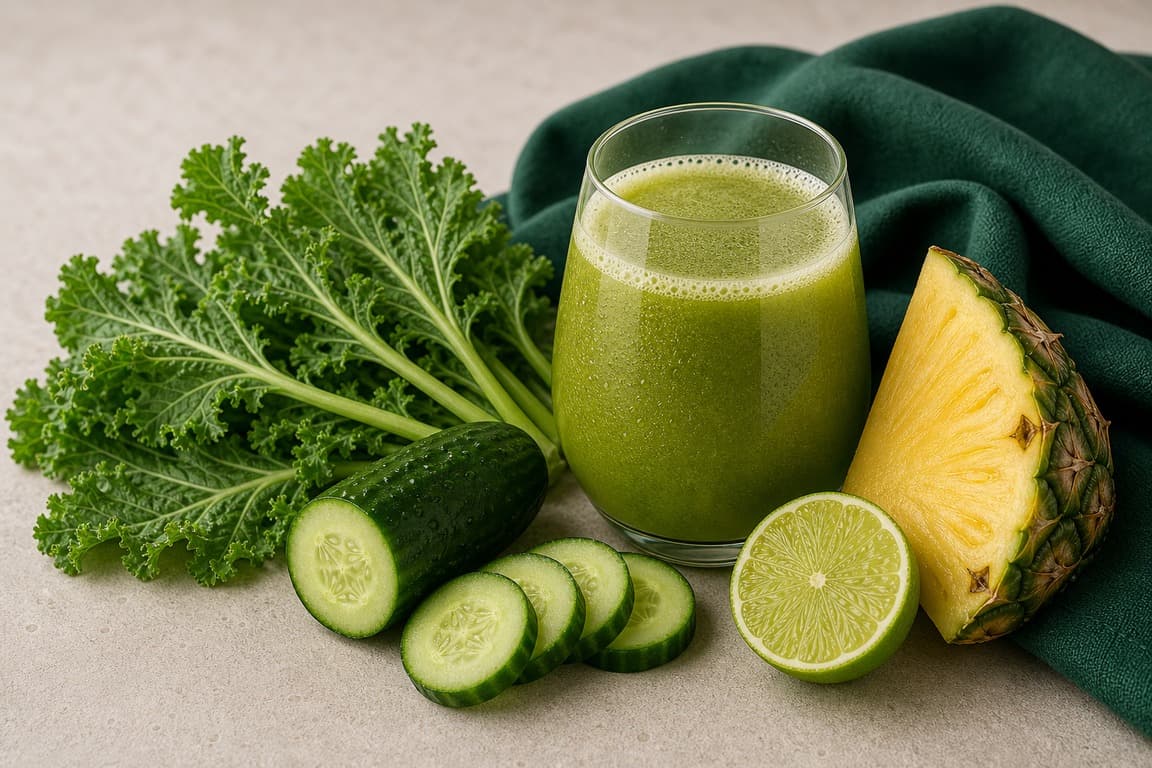 Mustard Green Pineapple Lime in a clear glass with fresh mustard greens, cucumber, pineapple, and lime, and emerald linen.