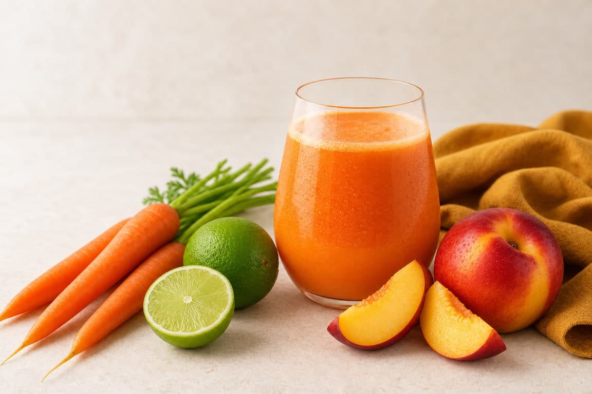 Nectarine Carrot Lime in a clear rounded stemless tumbler on a cream surface with fresh nectarines, carrots, and lime.