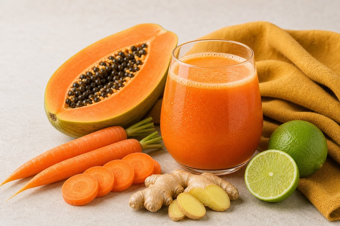 Papaya Carrot Lime in a clear glass with fresh papaya, carrot, lime, ginger, and saffron ochre linen.