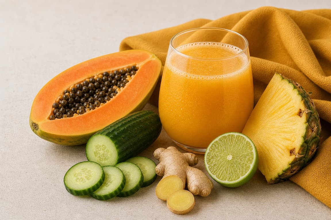 Papaya Pineapple Lime in a clear glass with fresh papaya, pineapple, cucumber, lime, and ginger, and saffron ochre linen.