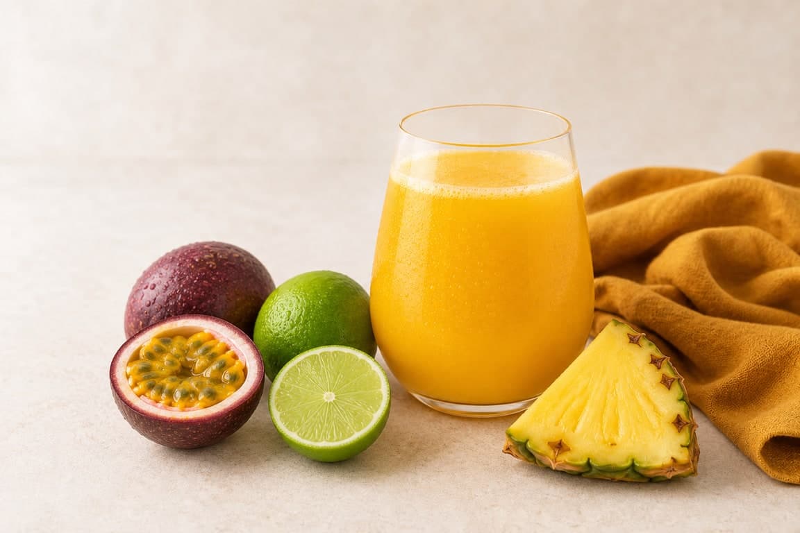 Passion Fruit Pineapple Lime in a clear rounded stemless tumbler on a cream surface with fresh passion fruit, pineapple, and lime.