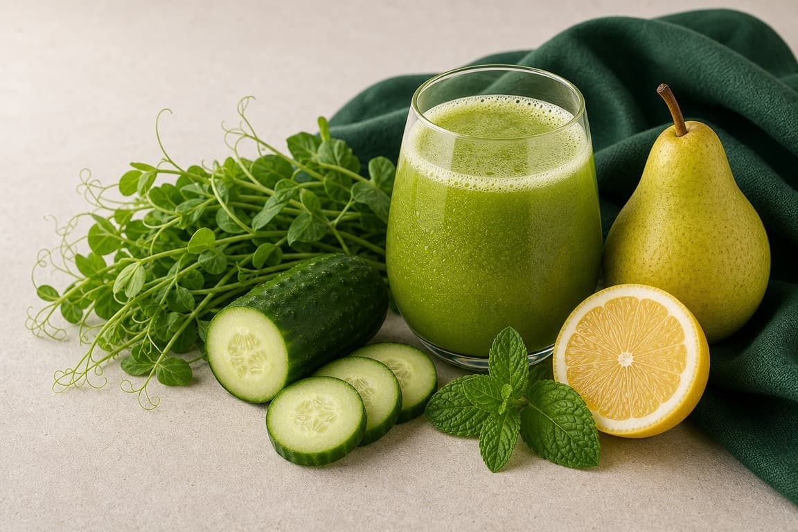 Pea Shoot Pear Mint in a clear glass with fresh pear, cucumber, pea shoots, lemon, mint, and emerald linen.