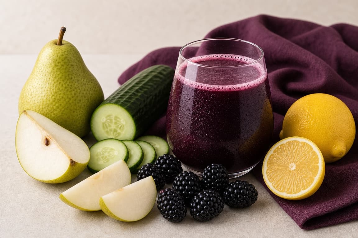 Pear Blackberry Lemon in a clear glass with fresh pear, blackberry, cucumber, lemon, and blackberry-plum linen.