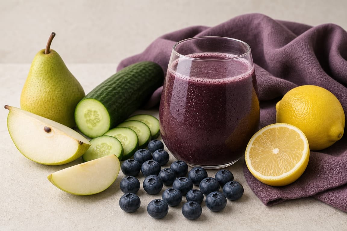 Pear Blueberry Lemon in a clear glass with fresh pear, blueberry, cucumber, lemon, and muted blueberry-plum linen.