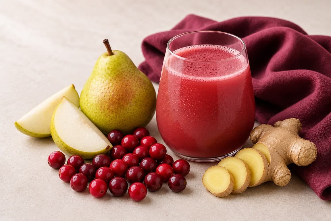 Pear Cranberry Ginger in a clear rounded stemless tumbler on a cream surface with fresh pears, cranberries, and ginger.