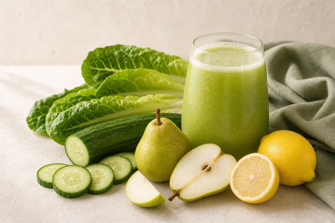 Pear Romaine Soft Green in a clear glass with fresh pear, romaine, cucumber, lemon, and sage linen.