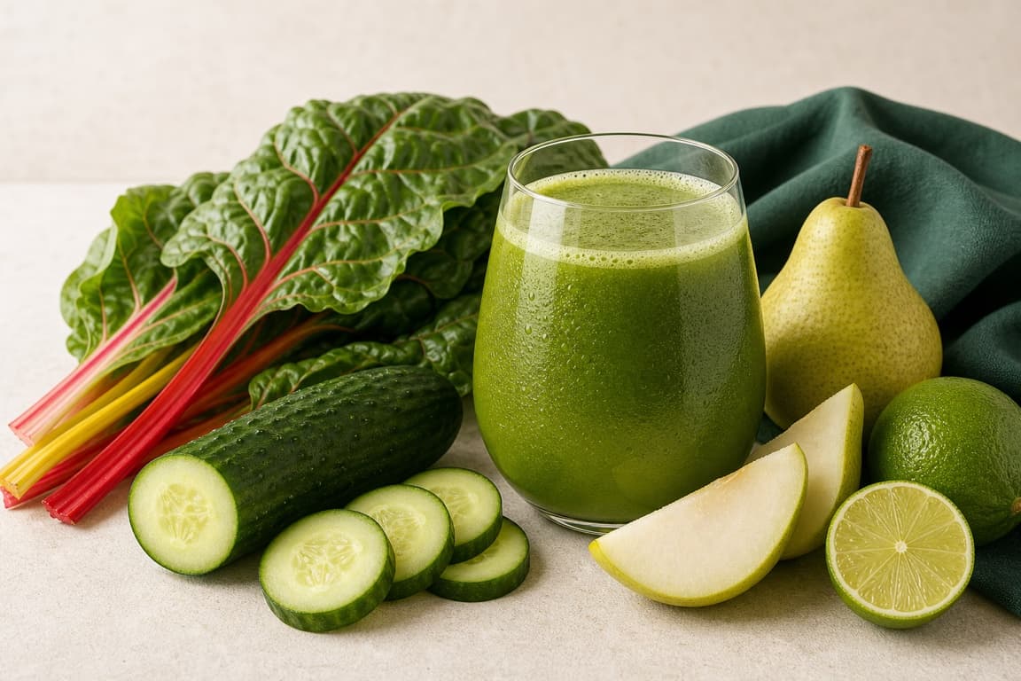 Pear Swiss Chard Lime in a clear glass with fresh pear, Swiss chard, cucumber, lime, and emerald linen.