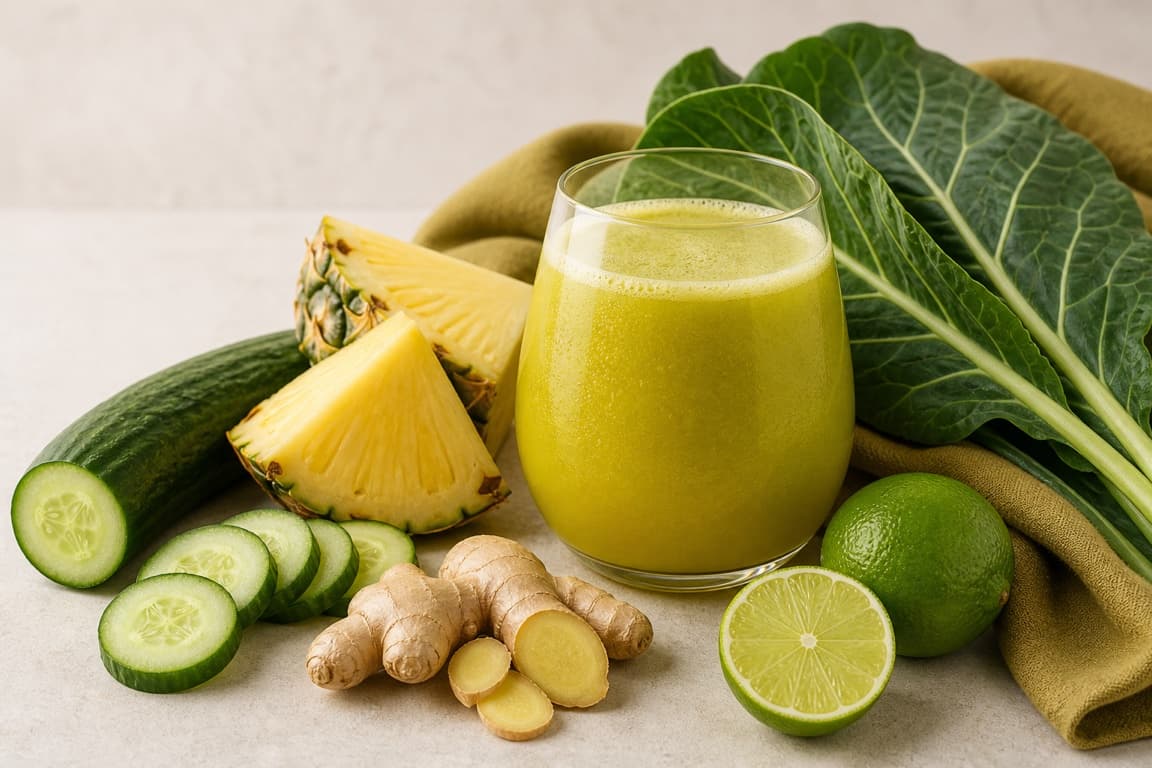 Pineapple Collard Lime in a clear glass with fresh pineapple, collard greens, cucumber, lime, ginger, and olive-saffron linen.