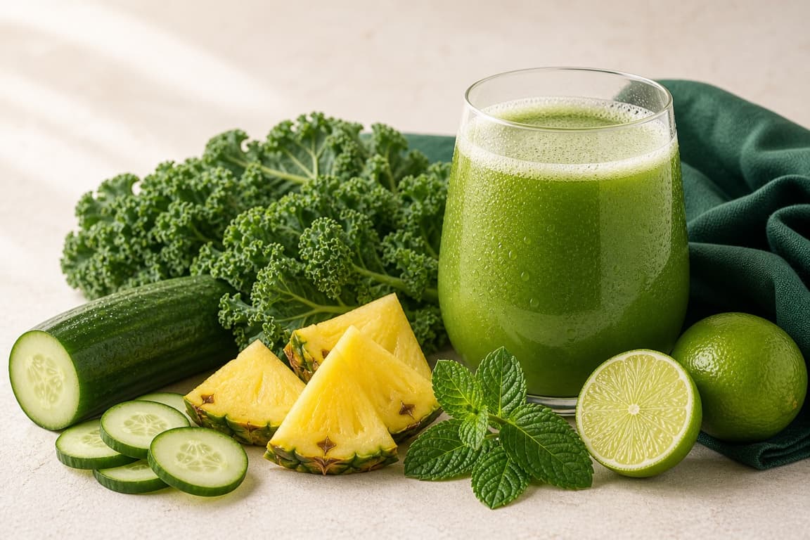 Pineapple Green Spark in a clear glass with fresh pineapple, kale, cucumber, lime, mint, and emerald linen.
