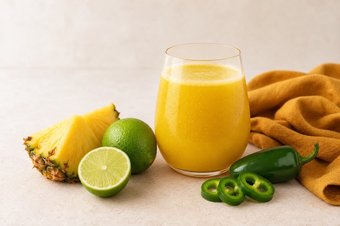 Pineapple Jalapeño Lime in a clear rounded stemless tumbler on a cream surface with fresh pineapple, jalapeño, and lime.