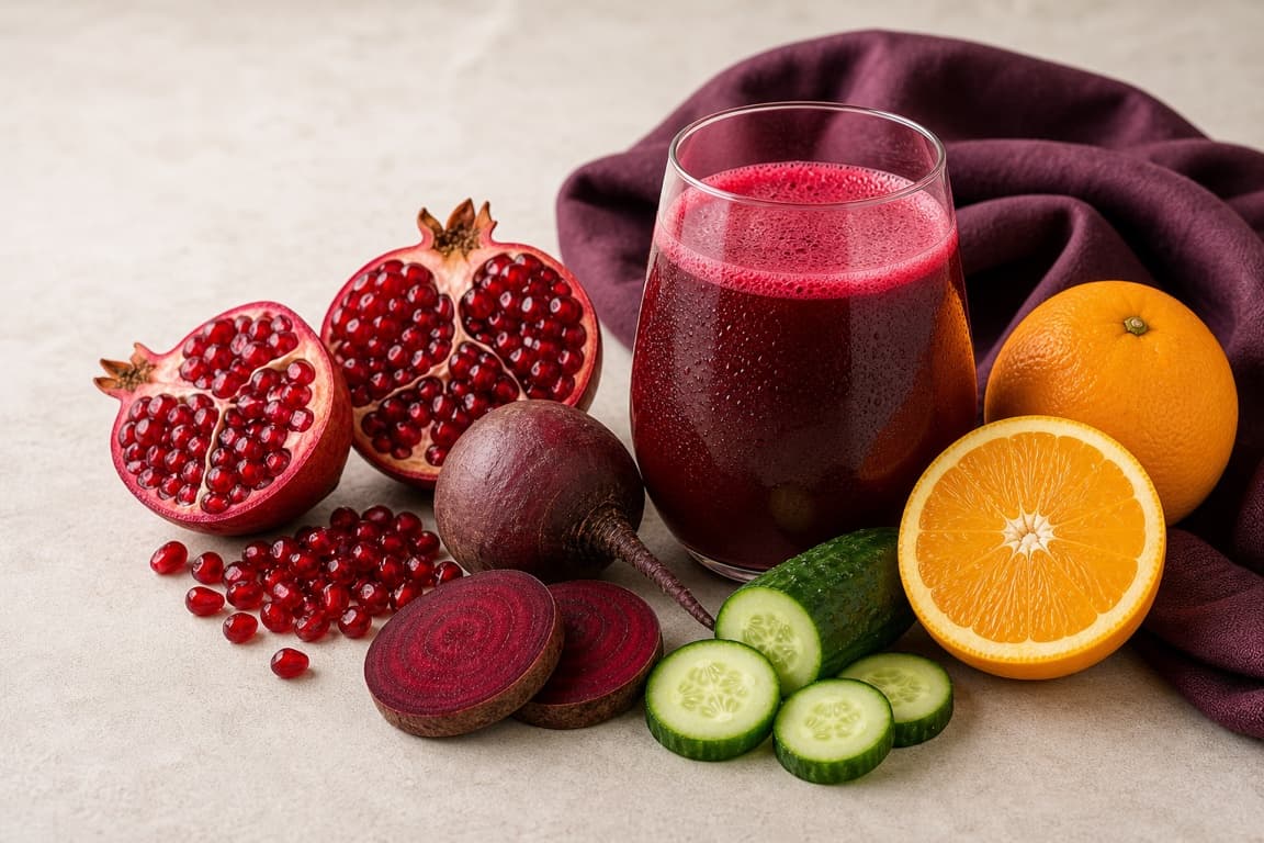 Pomegranate Beet Crisp in a clear glass with fresh pomegranate, beet, orange, cucumber, and deep plum linen.