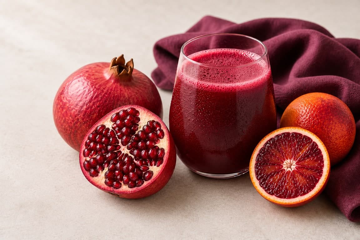 Pomegranate Blood Orange in a clear rounded stemless tumbler on a cream surface with fresh pomegranate and blood orange.