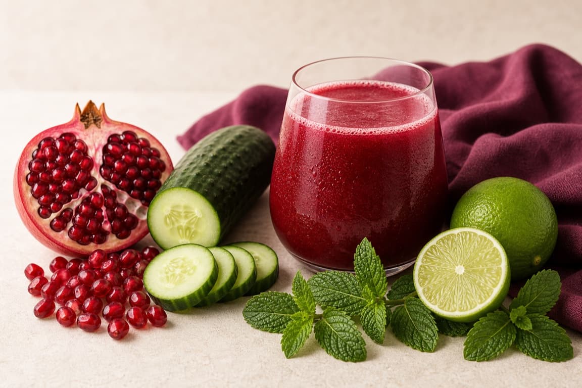 Pomegranate Cucumber Mint in a clear glass with fresh pomegranate, cucumber, lime, mint, and deep plum linen.