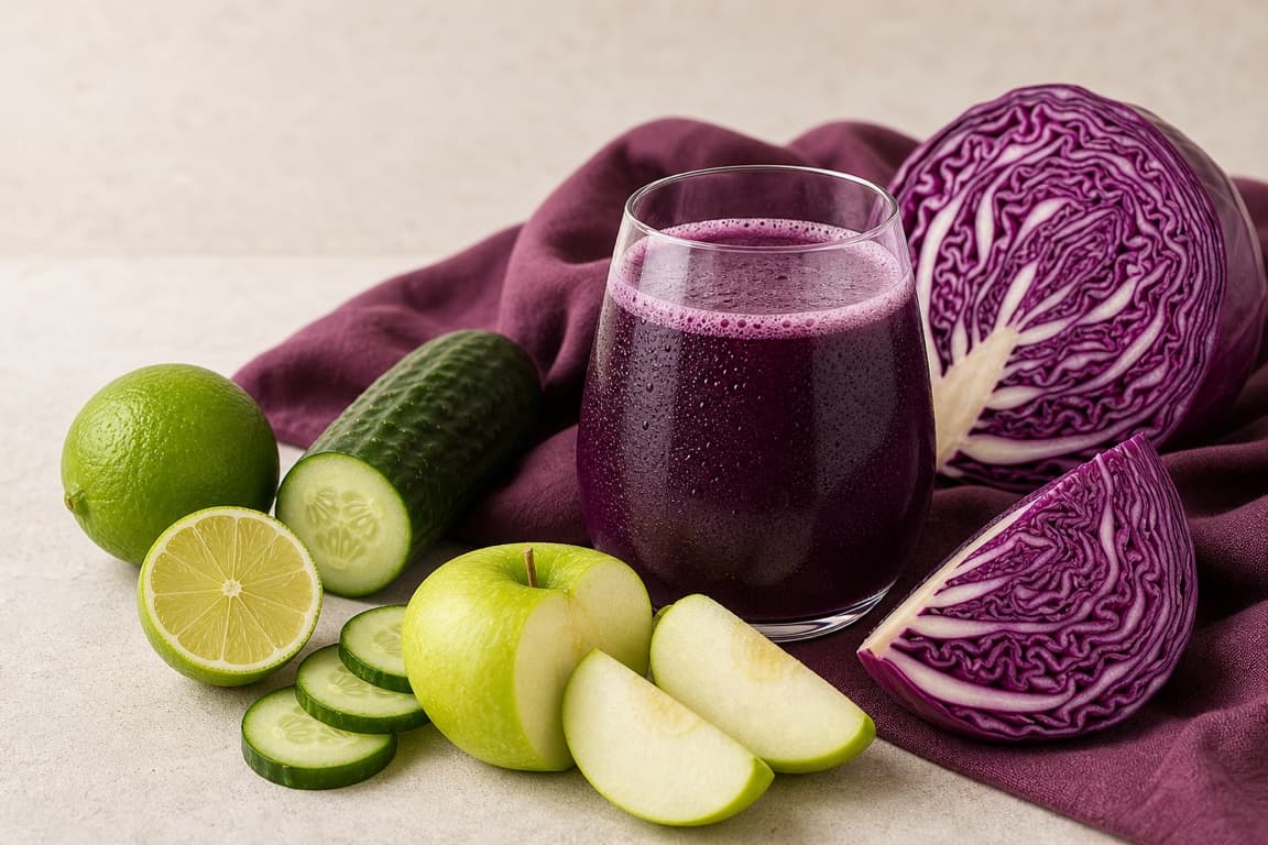 Red Cabbage Apple Lime in a clear glass with fresh red cabbage, green apple, cucumber, lime, and deep plum linen.