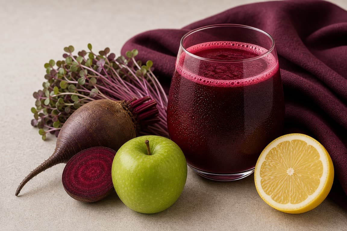 Red Cabbage Microgreen Beet Apple in a clear glass with fresh red cabbage microgreens, beet, green apple, and lemon, and deep plum linen.