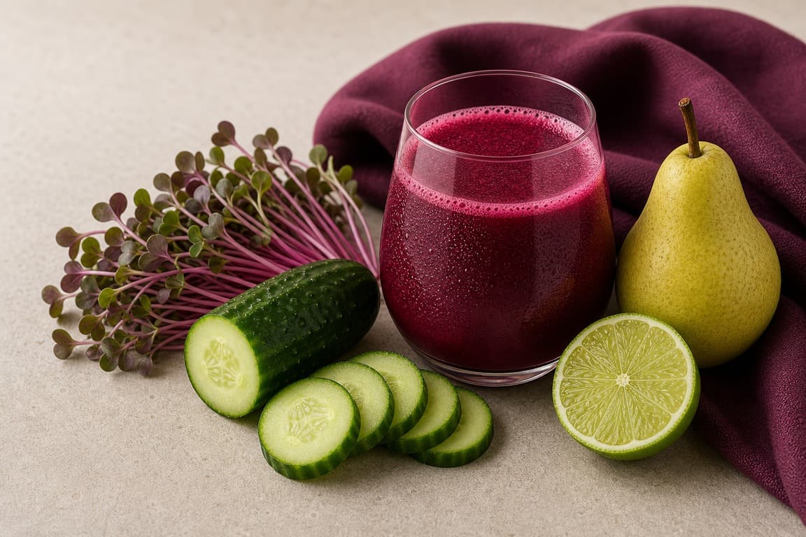 Red Cabbage Microgreen Pear Lime in a clear glass with fresh red cabbage microgreens, pear, cucumber, and lime, and emerald linen.