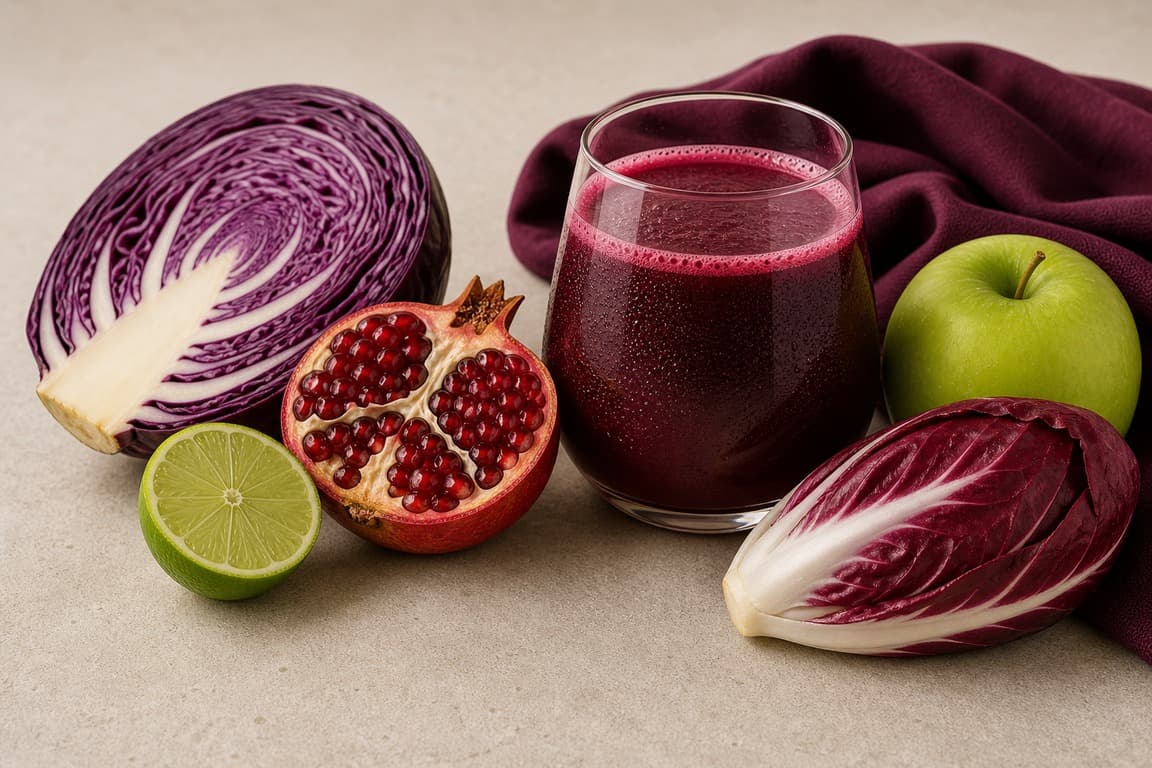 Red Cabbage Pomegranate Lime in a clear glass with fresh red cabbage, pomegranate, green apple, lime, and radicchio, and deep plum linen.