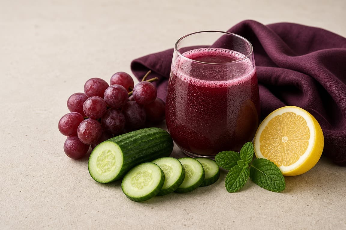 Red Grape Cucumber Lemon in a clear glass with fresh red grape, cucumber, lemon, mint, and deep plum linen.