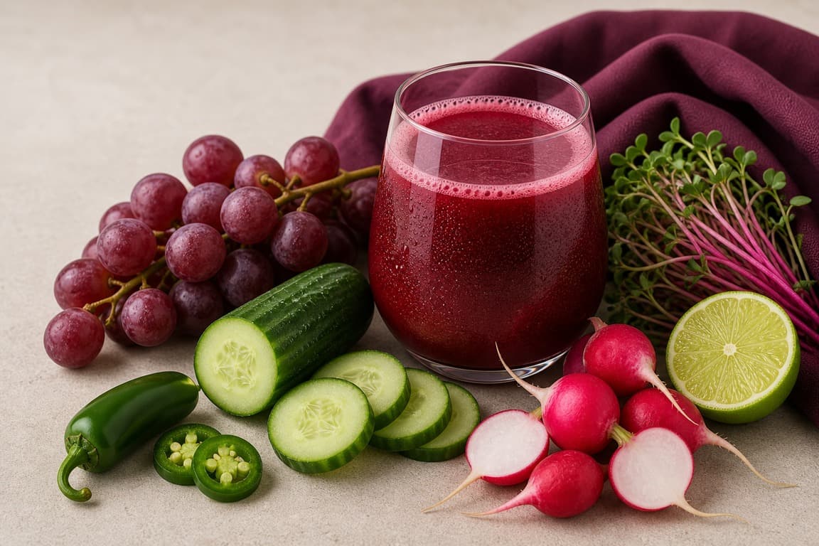 Red Grape Radish Lime in a clear glass with fresh red grape, cucumber, lime, radish, radish microgreens, and jalapeno, and deep plum linen.