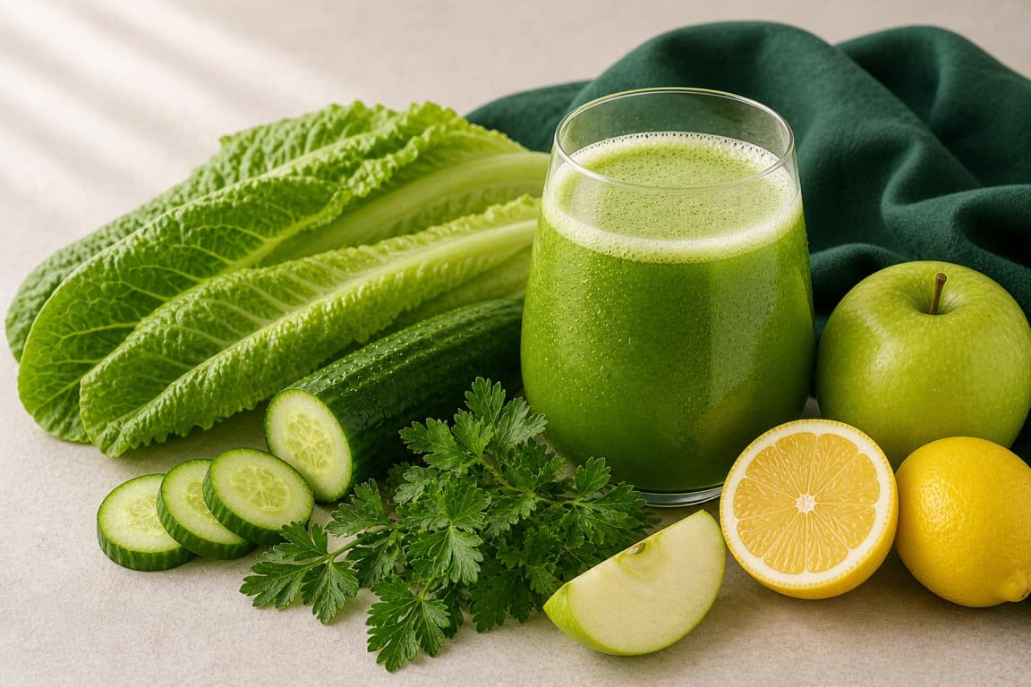 Romaine Apple Parsley Cooler in a clear glass with fresh romaine, cucumber, green apple, parsley, lemon, and emerald linen.