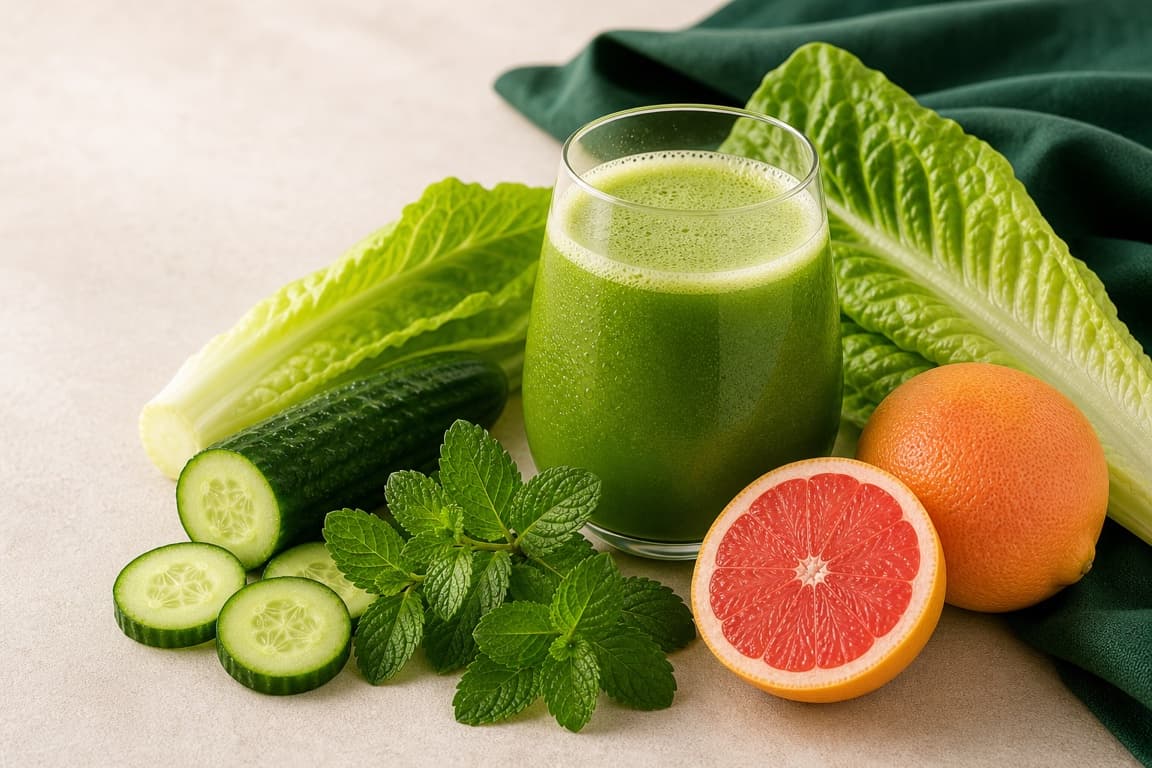 Romaine Grapefruit Cucumber in a clear glass with fresh romaine, grapefruit, cucumber, mint, and emerald linen.